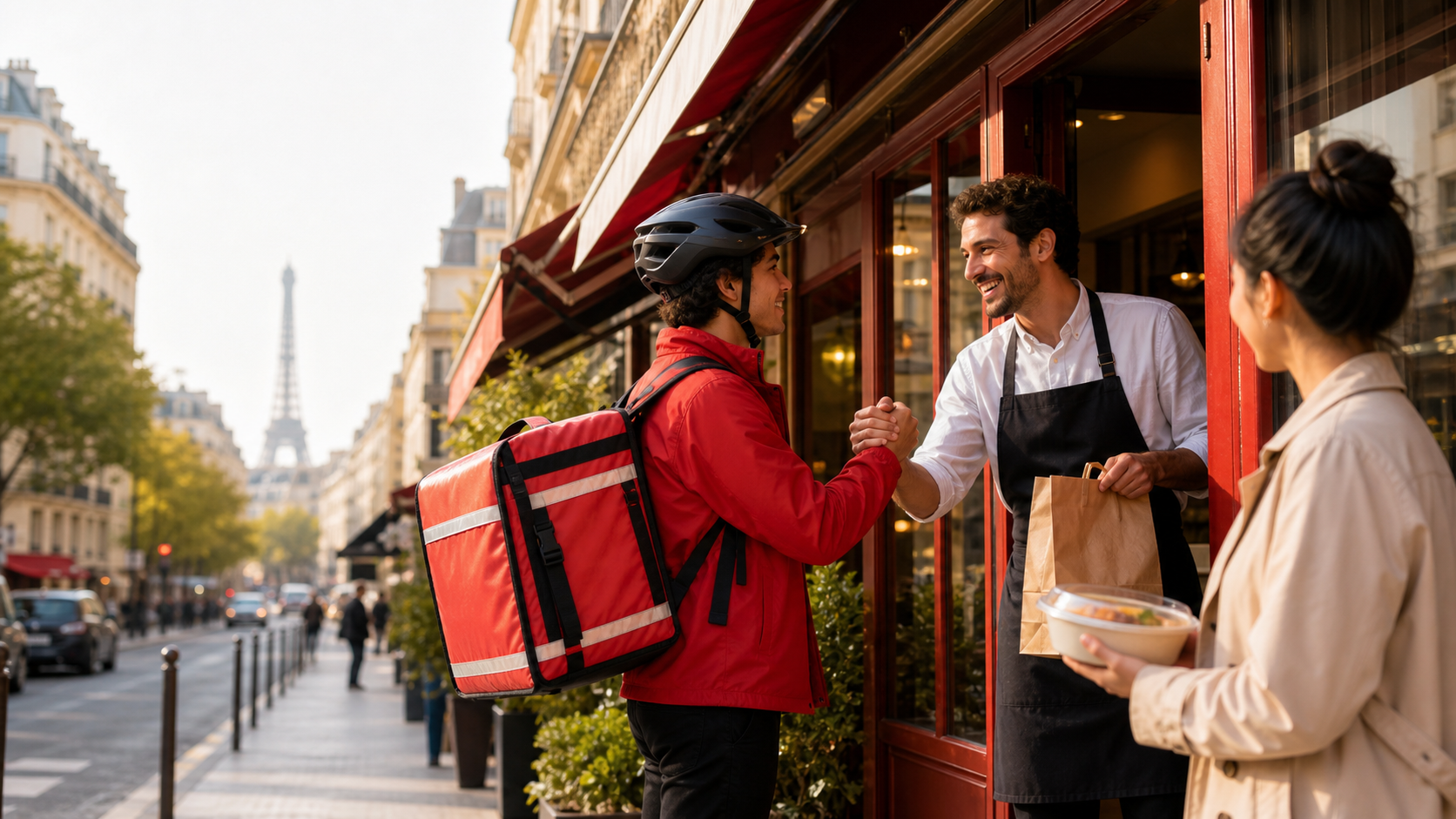 A delivery rider, restaurant worker, and customer connected on a Paris street